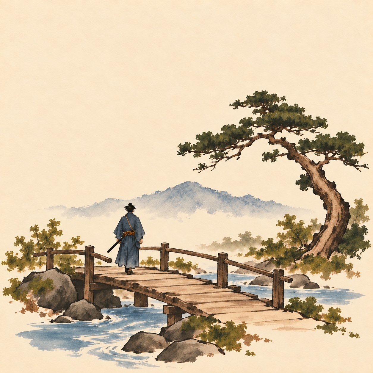 A painting of a samurai on a wooden bridge beneath a pine