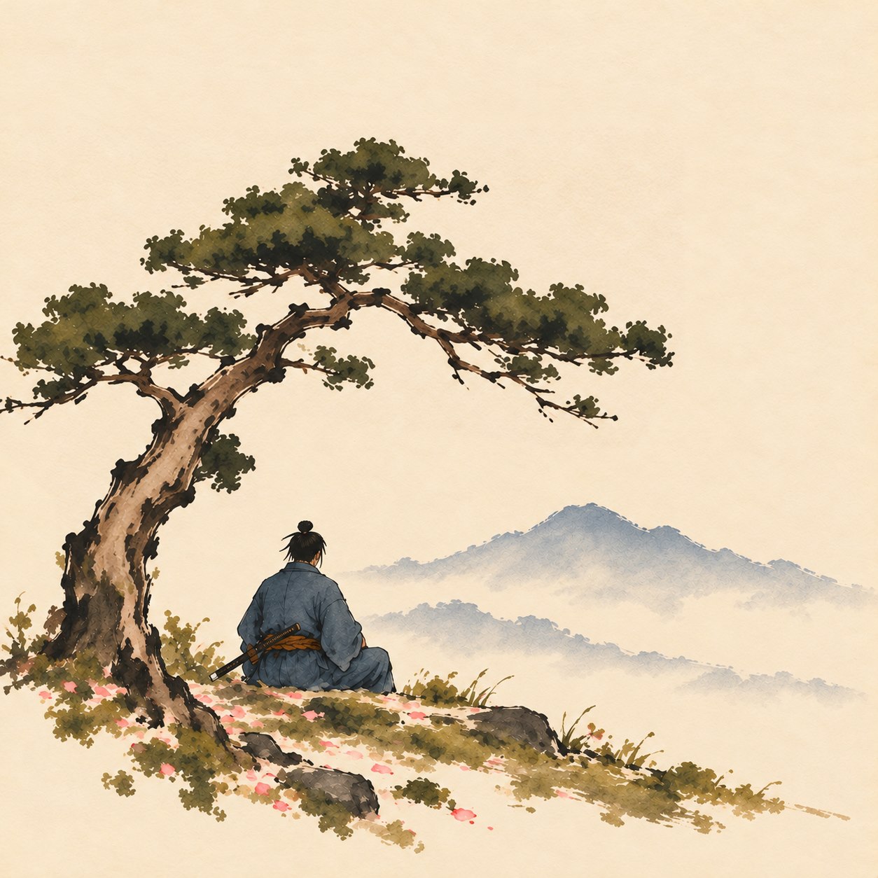 A painting of a seated samurai beneath a bonsai pine