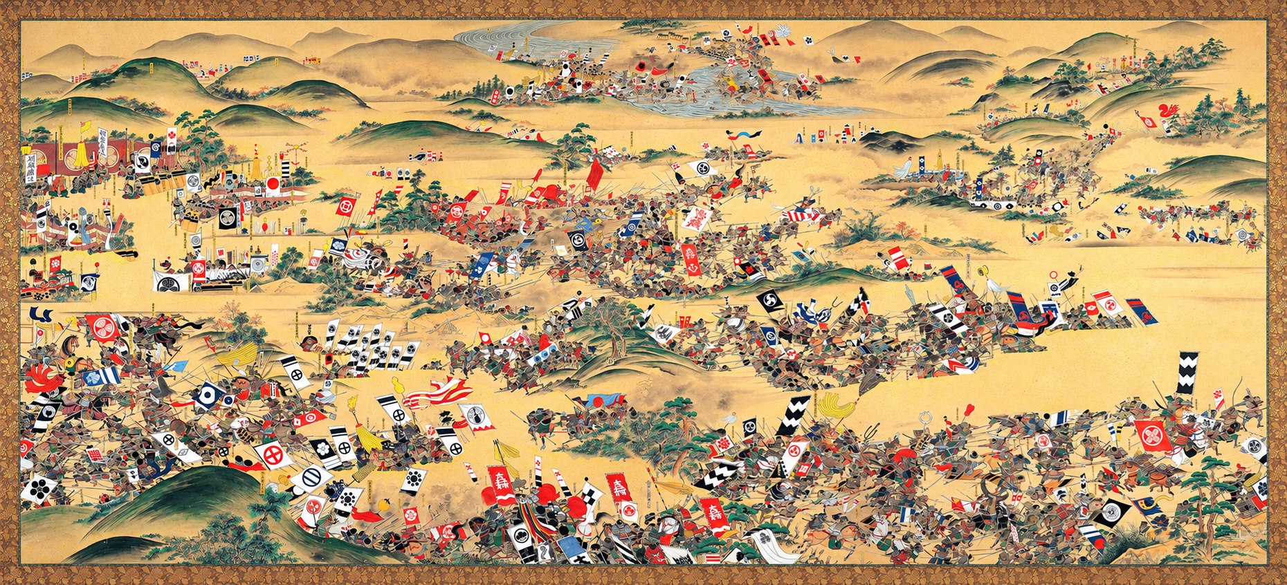 A folding-screen painting of the Battle of Sekigahara, its armies and banners spread over golden hills