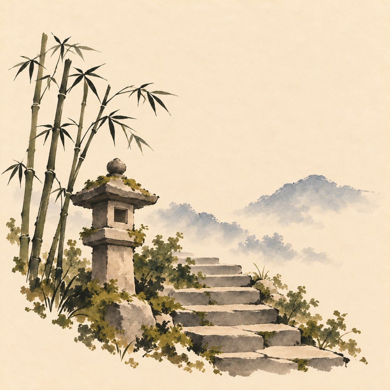 A painting of a stone lantern among bamboo, with steps climbing into the mist