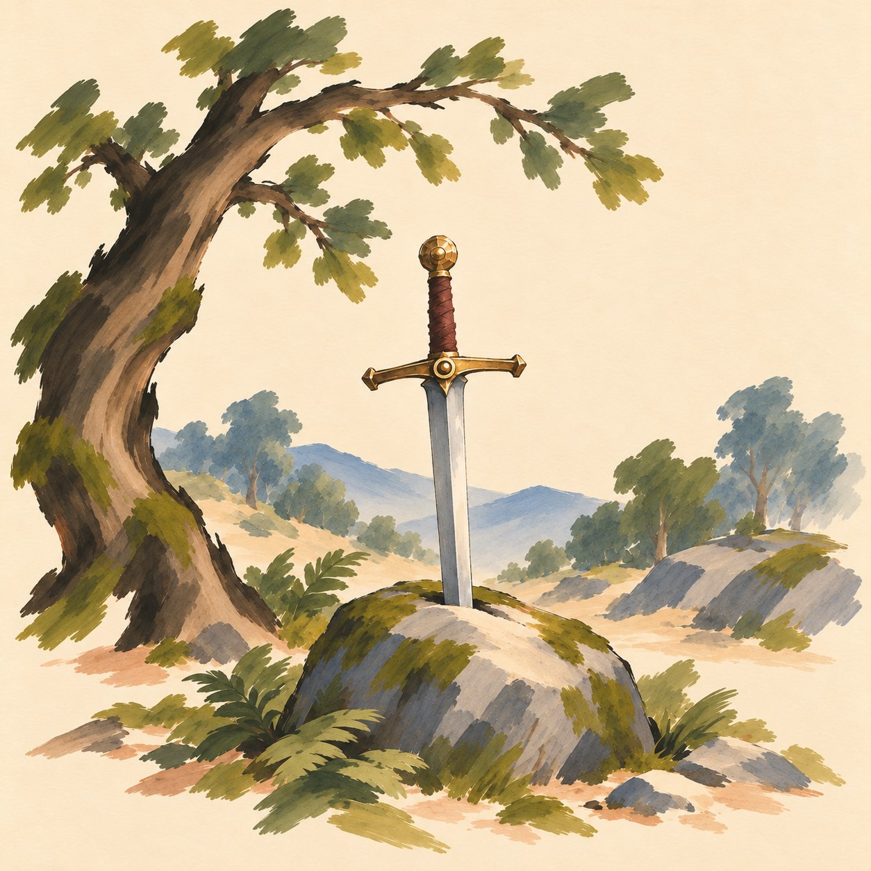 A painting of a sword standing in a stone on a hillside