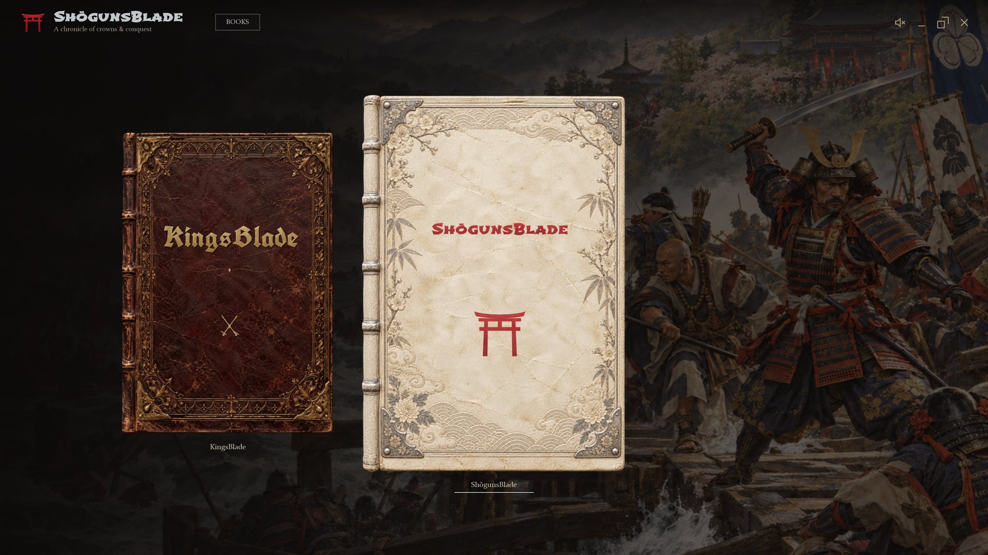 The KingsBlade app, showing the KingsBlade and ShōgunsBlade books standing on a dark desk