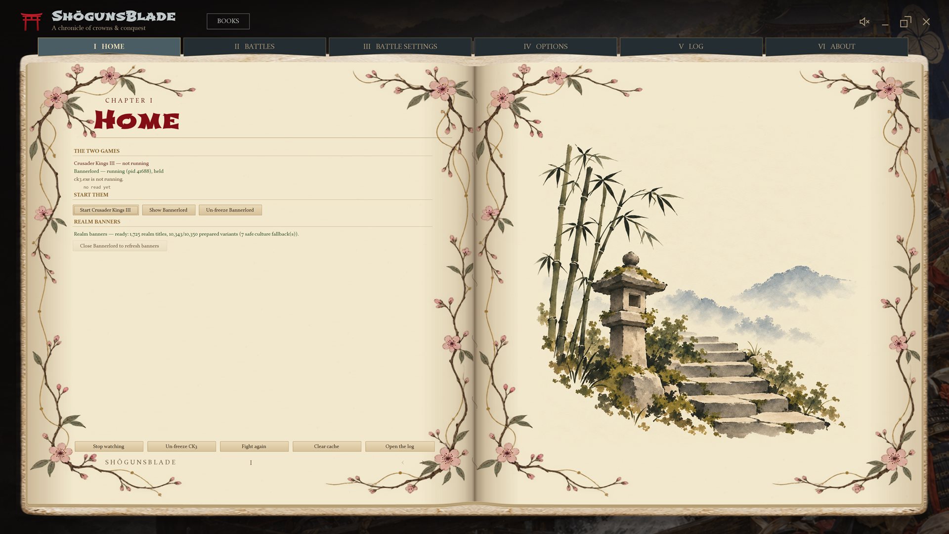 The ShōgunsBlade book open in the KingsBlade app, its pages framed in cherry blossom