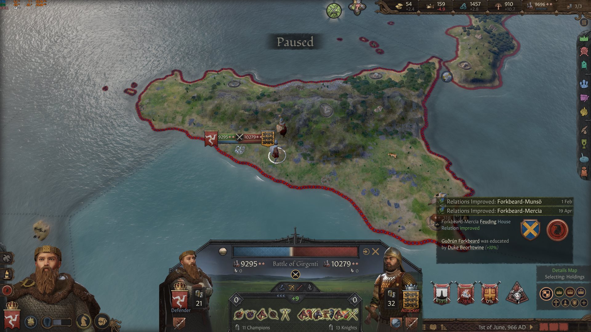 Crusader Kings III’s battle window, with KingsBlade’s crossed-swords button between the two armies
