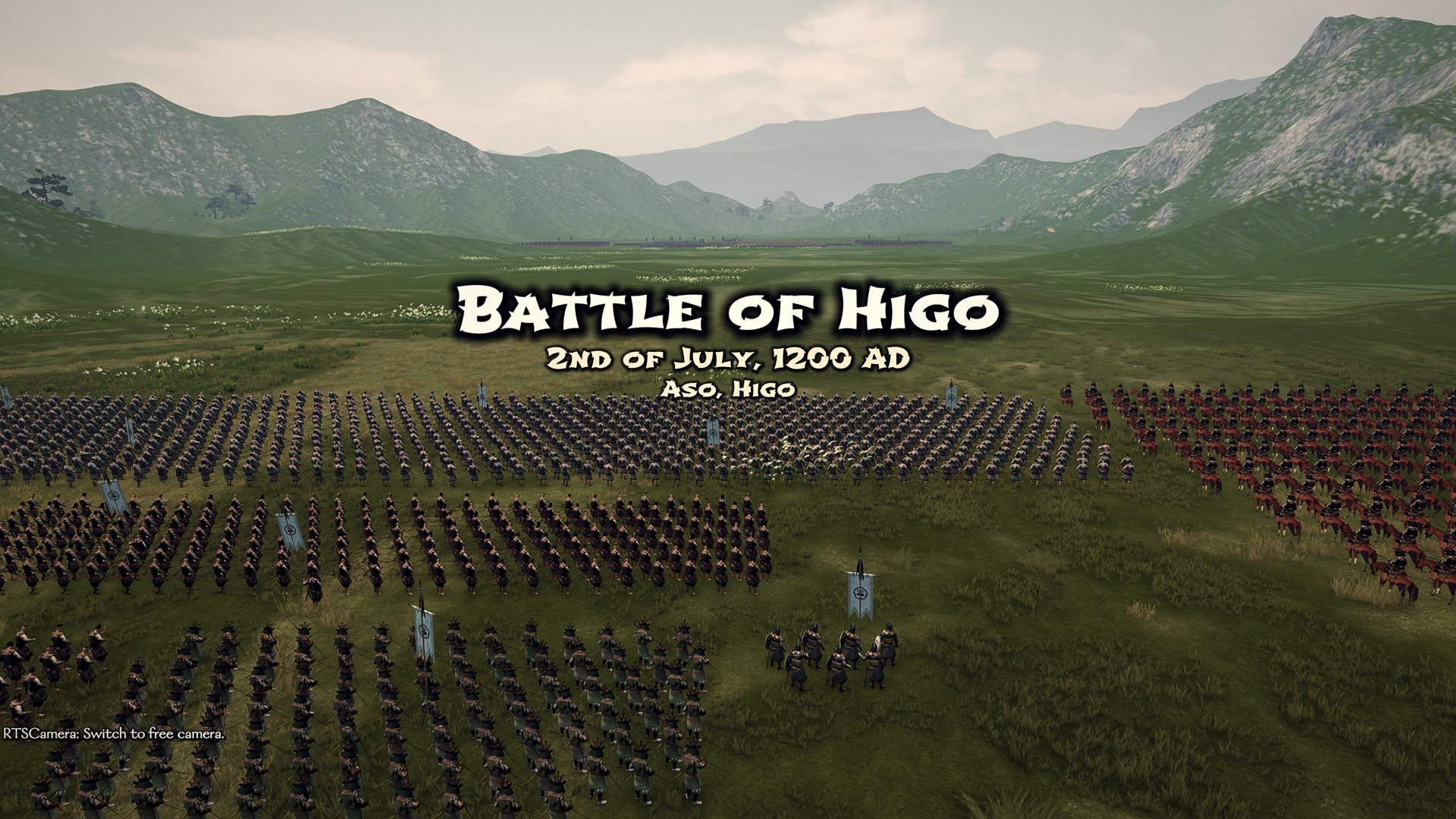 Battle of Higo, 2nd of July, 1200 AD, over two armies drawn up on a green plain